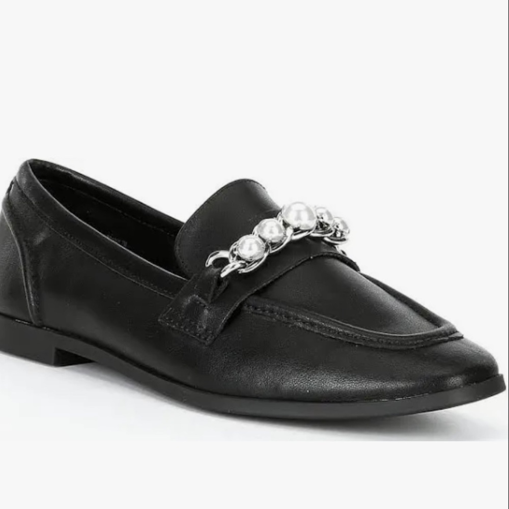 Steve Madden-  Carrine Loafers, Black with Pearl and Chain Embellishments
